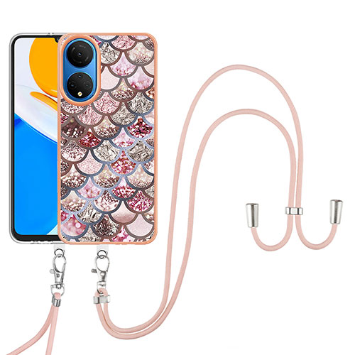 Silicone Candy Rubber Gel Fashionable Pattern Soft Case Cover with Lanyard Strap Y03B for Huawei Honor X7 Brown