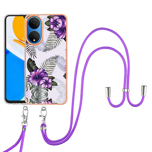 Silicone Candy Rubber Gel Fashionable Pattern Soft Case Cover with Lanyard Strap Y03B for Huawei Honor X7 Purple