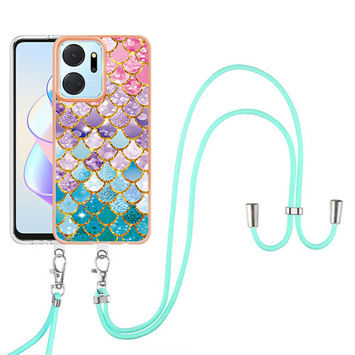 Silicone Candy Rubber Gel Fashionable Pattern Soft Case Cover with Lanyard Strap Y03B for Huawei Honor X7a Colorful