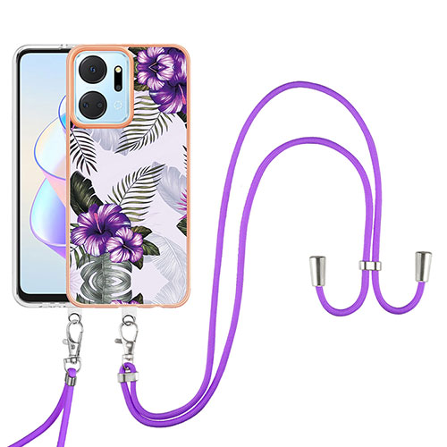 Silicone Candy Rubber Gel Fashionable Pattern Soft Case Cover with Lanyard Strap Y03B for Huawei Honor X7a Purple