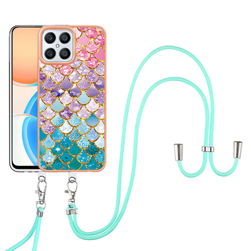 Silicone Candy Rubber Gel Fashionable Pattern Soft Case Cover with Lanyard Strap Y03B for Huawei Honor X8 4G Colorful