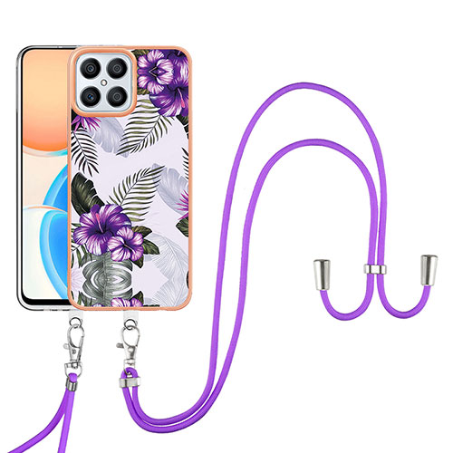 Silicone Candy Rubber Gel Fashionable Pattern Soft Case Cover with Lanyard Strap Y03B for Huawei Honor X8 4G Purple