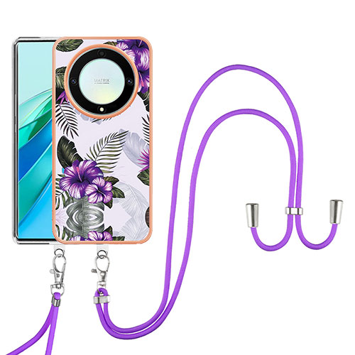 Silicone Candy Rubber Gel Fashionable Pattern Soft Case Cover with Lanyard Strap Y03B for Huawei Honor X9a 5G Purple