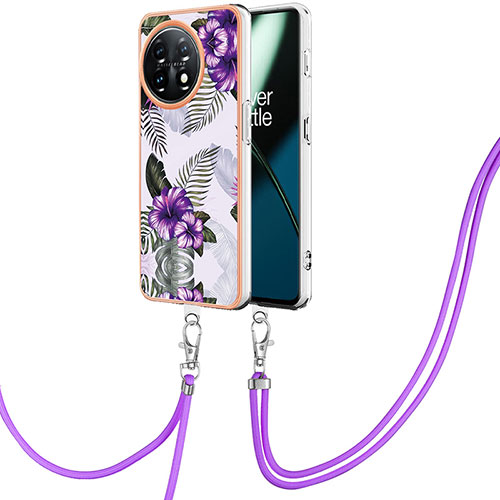 Silicone Candy Rubber Gel Fashionable Pattern Soft Case Cover with Lanyard Strap Y03B for OnePlus 11 5G Purple