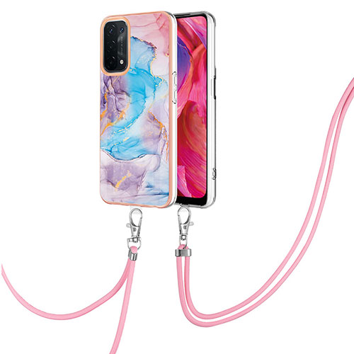 Silicone Candy Rubber Gel Fashionable Pattern Soft Case Cover with Lanyard Strap Y03B for Oppo A54 5G Blue