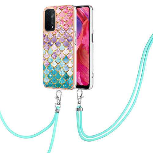 Silicone Candy Rubber Gel Fashionable Pattern Soft Case Cover with Lanyard Strap Y03B for Oppo A54 5G Colorful