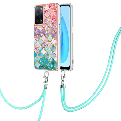 Silicone Candy Rubber Gel Fashionable Pattern Soft Case Cover with Lanyard Strap Y03B for Oppo A55 5G Colorful