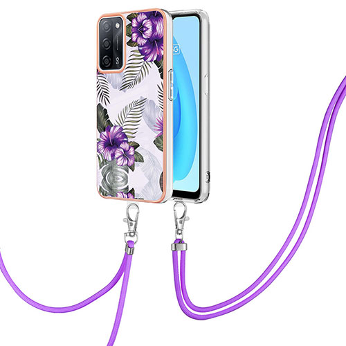 Silicone Candy Rubber Gel Fashionable Pattern Soft Case Cover with Lanyard Strap Y03B for Oppo A55 5G Purple
