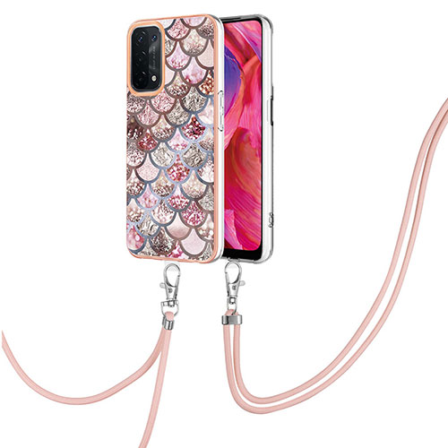 Silicone Candy Rubber Gel Fashionable Pattern Soft Case Cover with Lanyard Strap Y03B for Oppo A74 5G Brown