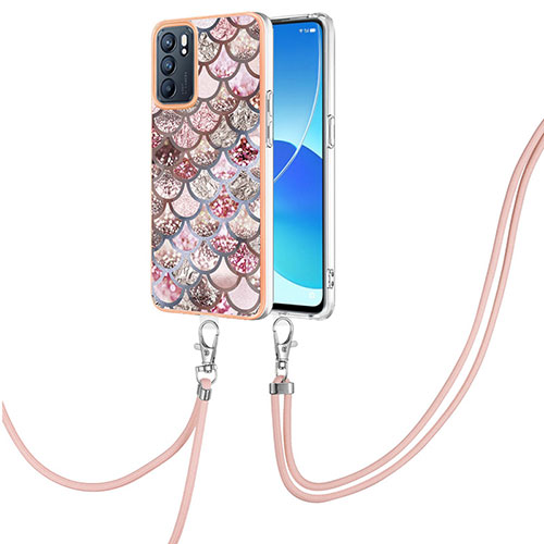 Silicone Candy Rubber Gel Fashionable Pattern Soft Case Cover with Lanyard Strap Y03B for Oppo Reno6 5G Brown