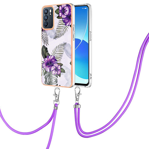 Silicone Candy Rubber Gel Fashionable Pattern Soft Case Cover with Lanyard Strap Y03B for Oppo Reno6 5G Purple