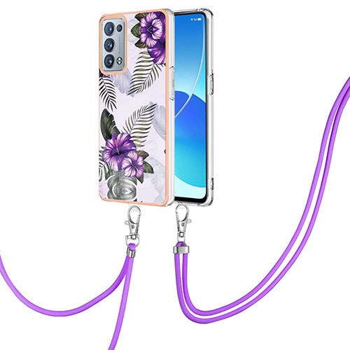 Silicone Candy Rubber Gel Fashionable Pattern Soft Case Cover with Lanyard Strap Y03B for Oppo Reno6 Pro 5G Purple