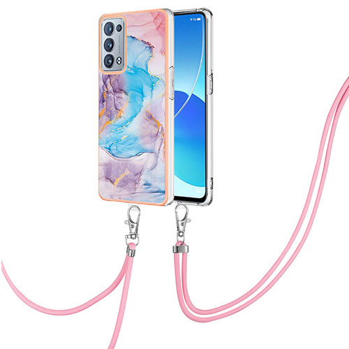 Silicone Candy Rubber Gel Fashionable Pattern Soft Case Cover with Lanyard Strap Y03B for Oppo Reno6 Pro+ Plus 5G Blue