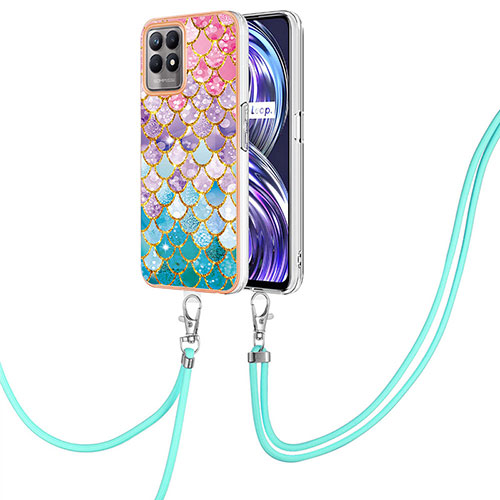 Silicone Candy Rubber Gel Fashionable Pattern Soft Case Cover with Lanyard Strap Y03B for Realme 8i Colorful