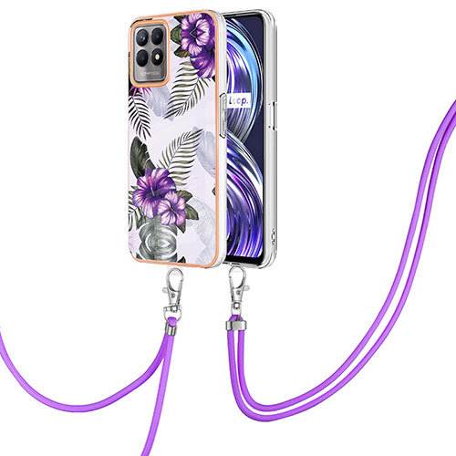 Silicone Candy Rubber Gel Fashionable Pattern Soft Case Cover with Lanyard Strap Y03B for Realme 8i Purple