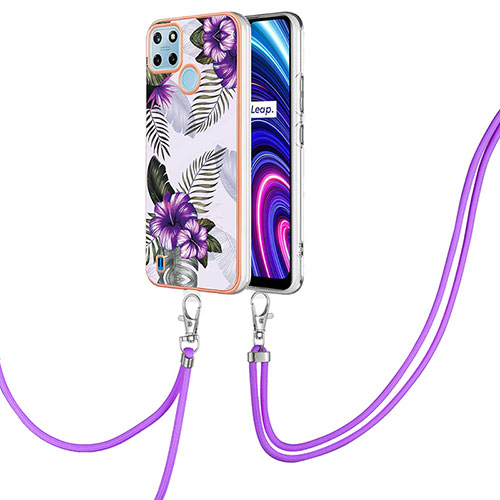 Silicone Candy Rubber Gel Fashionable Pattern Soft Case Cover with Lanyard Strap Y03B for Realme C21Y Purple