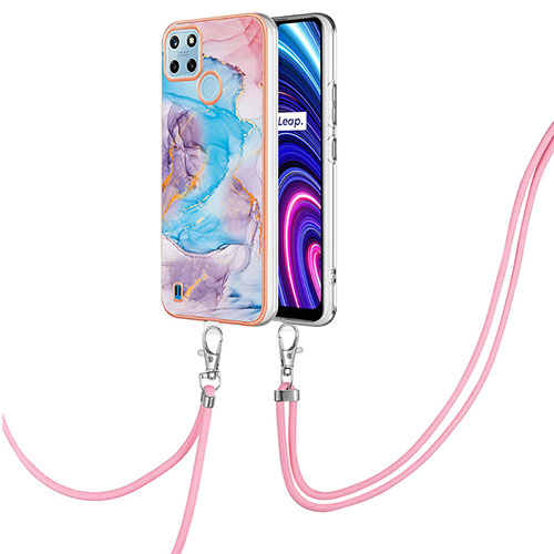 Silicone Candy Rubber Gel Fashionable Pattern Soft Case Cover with Lanyard Strap Y03B for Realme C25Y Blue