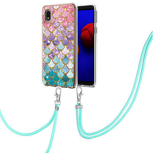 Silicone Candy Rubber Gel Fashionable Pattern Soft Case Cover with Lanyard Strap Y03B for Samsung Galaxy A01 Core Colorful