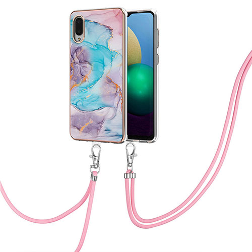 Silicone Candy Rubber Gel Fashionable Pattern Soft Case Cover with Lanyard Strap Y03B for Samsung Galaxy A02 Blue