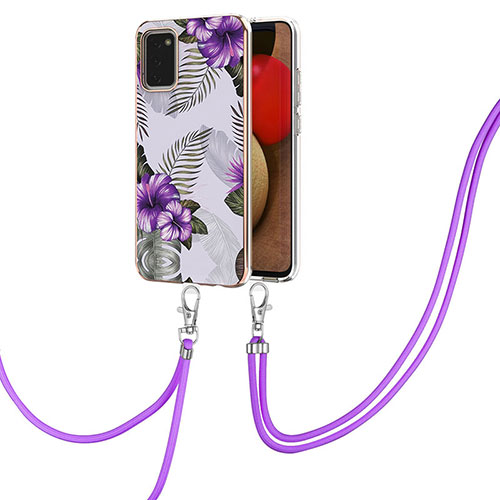 Silicone Candy Rubber Gel Fashionable Pattern Soft Case Cover with Lanyard Strap Y03B for Samsung Galaxy A02s Purple