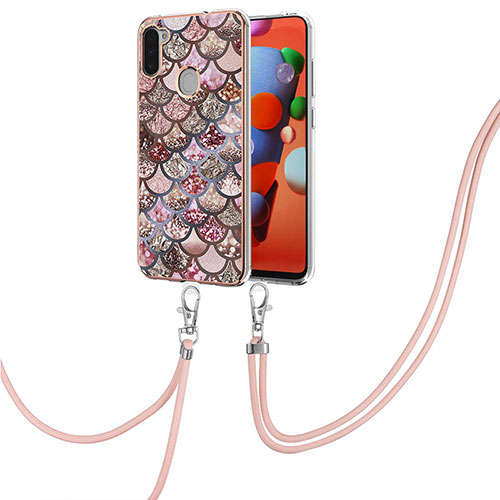 Silicone Candy Rubber Gel Fashionable Pattern Soft Case Cover with Lanyard Strap Y03B for Samsung Galaxy A11 Brown