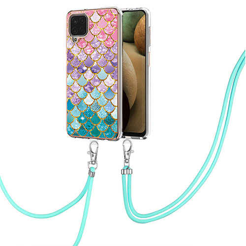 Silicone Candy Rubber Gel Fashionable Pattern Soft Case Cover with Lanyard Strap Y03B for Samsung Galaxy A12 Colorful