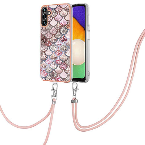 Silicone Candy Rubber Gel Fashionable Pattern Soft Case Cover with Lanyard Strap Y03B for Samsung Galaxy A13 5G Brown