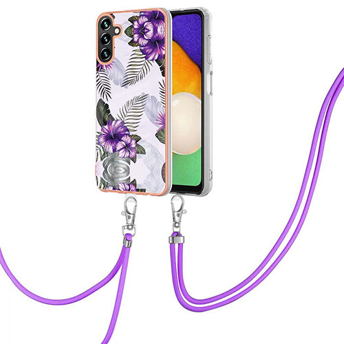 Silicone Candy Rubber Gel Fashionable Pattern Soft Case Cover with Lanyard Strap Y03B for Samsung Galaxy A13 5G Purple