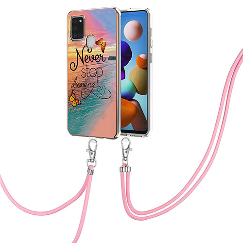 Silicone Candy Rubber Gel Fashionable Pattern Soft Case Cover with Lanyard Strap Y03B for Samsung Galaxy A21s Mixed