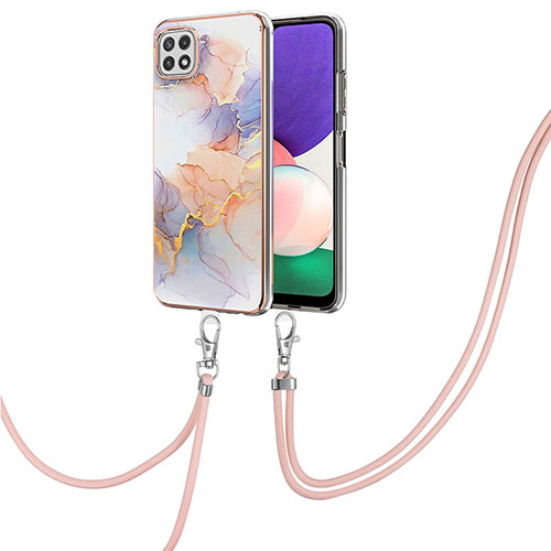 Silicone Candy Rubber Gel Fashionable Pattern Soft Case Cover with Lanyard Strap Y03B for Samsung Galaxy A22 5G Clove Purple