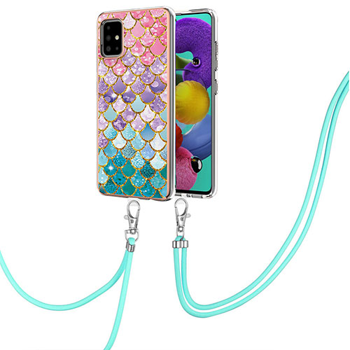 Silicone Candy Rubber Gel Fashionable Pattern Soft Case Cover with Lanyard Strap Y03B for Samsung Galaxy A51 4G Colorful