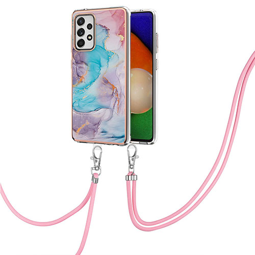 Silicone Candy Rubber Gel Fashionable Pattern Soft Case Cover with Lanyard Strap Y03B for Samsung Galaxy A52 4G Blue
