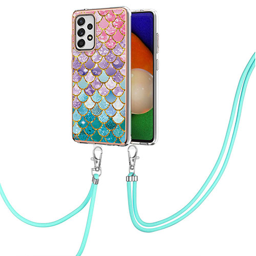 Silicone Candy Rubber Gel Fashionable Pattern Soft Case Cover with Lanyard Strap Y03B for Samsung Galaxy A52 4G Colorful