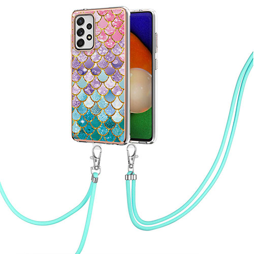 Silicone Candy Rubber Gel Fashionable Pattern Soft Case Cover with Lanyard Strap Y03B for Samsung Galaxy A52 5G Colorful