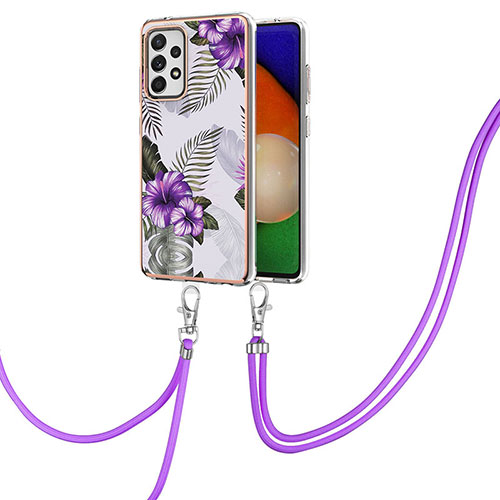 Silicone Candy Rubber Gel Fashionable Pattern Soft Case Cover with Lanyard Strap Y03B for Samsung Galaxy A52 5G Purple