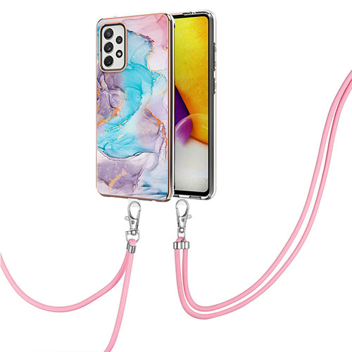 Silicone Candy Rubber Gel Fashionable Pattern Soft Case Cover with Lanyard Strap Y03B for Samsung Galaxy A72 4G Blue