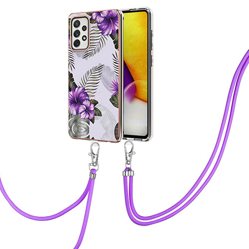 Silicone Candy Rubber Gel Fashionable Pattern Soft Case Cover with Lanyard Strap Y03B for Samsung Galaxy A72 4G Purple