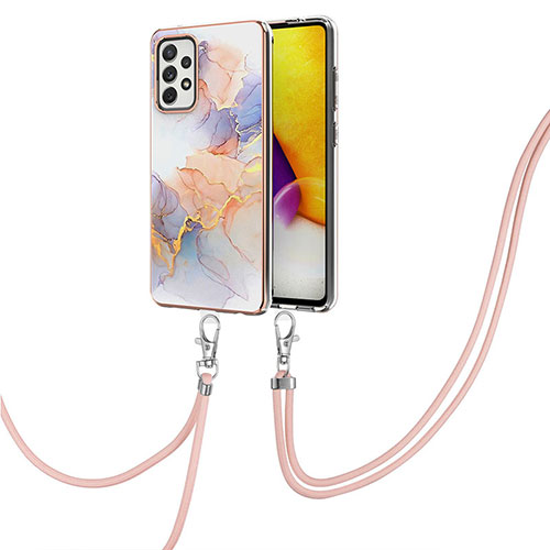 Silicone Candy Rubber Gel Fashionable Pattern Soft Case Cover with Lanyard Strap Y03B for Samsung Galaxy A72 5G Clove Purple