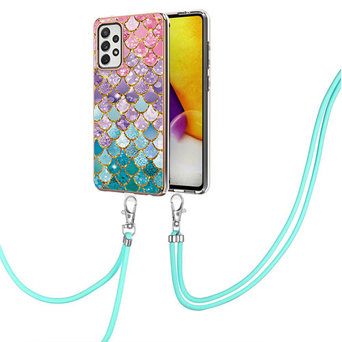 Silicone Candy Rubber Gel Fashionable Pattern Soft Case Cover with Lanyard Strap Y03B for Samsung Galaxy A72 5G Colorful
