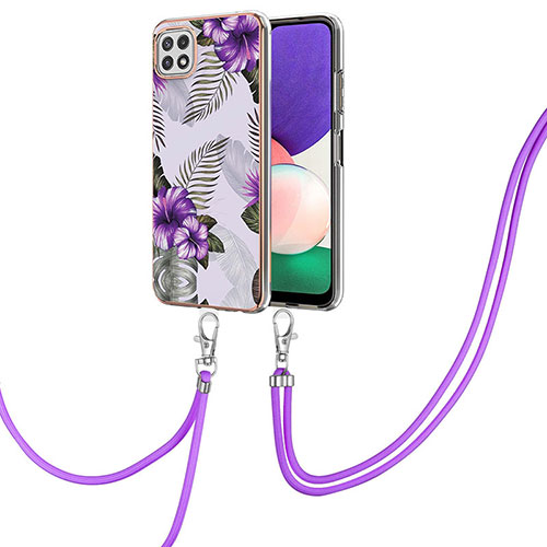 Silicone Candy Rubber Gel Fashionable Pattern Soft Case Cover with Lanyard Strap Y03B for Samsung Galaxy F42 5G Purple