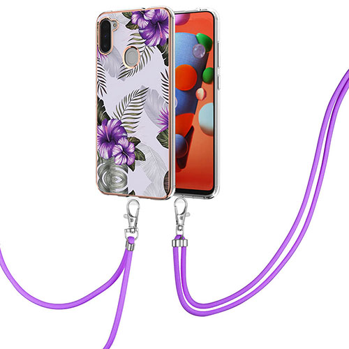 Silicone Candy Rubber Gel Fashionable Pattern Soft Case Cover with Lanyard Strap Y03B for Samsung Galaxy M11 Purple