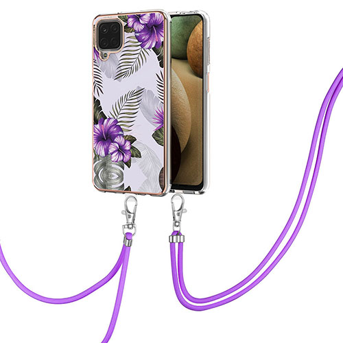 Silicone Candy Rubber Gel Fashionable Pattern Soft Case Cover with Lanyard Strap Y03B for Samsung Galaxy M12 Purple