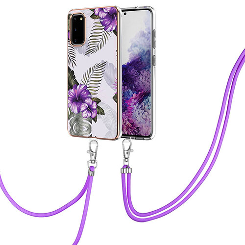 Silicone Candy Rubber Gel Fashionable Pattern Soft Case Cover with Lanyard Strap Y03B for Samsung Galaxy S20 Purple