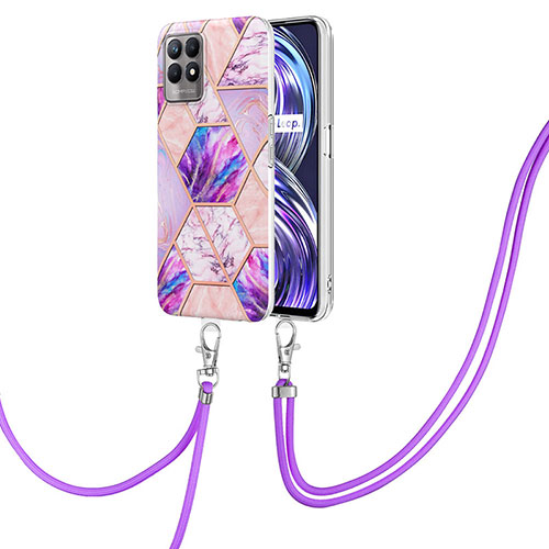 Silicone Candy Rubber Gel Fashionable Pattern Soft Case Cover with Lanyard Strap Y04B for Realme 8i Clove Purple