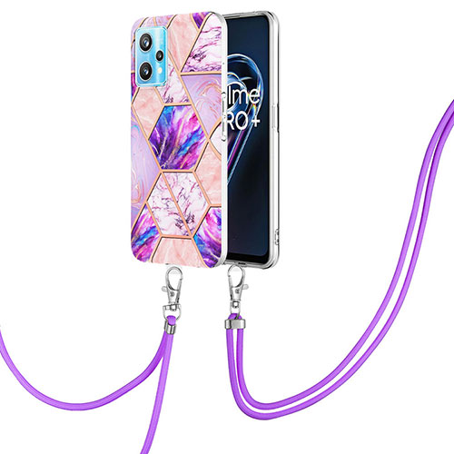 Silicone Candy Rubber Gel Fashionable Pattern Soft Case Cover with Lanyard Strap Y04B for Realme 9 5G Clove Purple