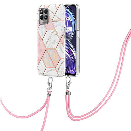 Silicone Candy Rubber Gel Fashionable Pattern Soft Case Cover with Lanyard Strap Y04B for Realme Narzo 50 4G Pink