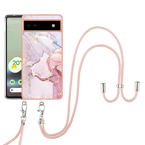 Silicone Candy Rubber Gel Fashionable Pattern Soft Case Cover with Lanyard Strap Y05B for Google Pixel 6a 5G Pink
