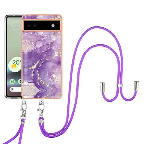 Silicone Candy Rubber Gel Fashionable Pattern Soft Case Cover with Lanyard Strap Y05B for Google Pixel 6a 5G Purple