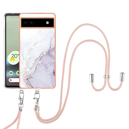 Silicone Candy Rubber Gel Fashionable Pattern Soft Case Cover with Lanyard Strap Y05B for Google Pixel 6a 5G White