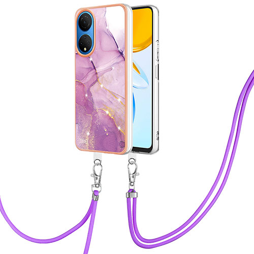 Silicone Candy Rubber Gel Fashionable Pattern Soft Case Cover with Lanyard Strap Y05B for Huawei Honor X7 Clove Purple